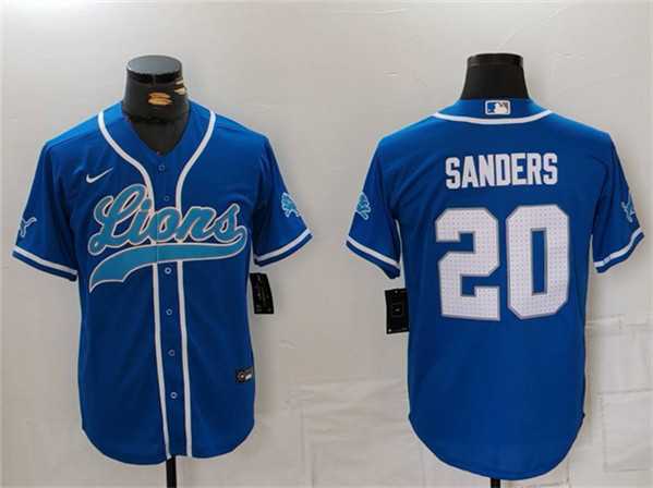 Mens Detroit Lions #20 Barry Sanders Blue Cool Base Stitched Baseball Jersey